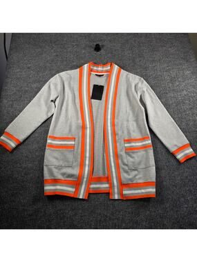 Haute Shore Cardigan Gray‎ Neon Orange Stripe Open Front Sweater O/S NWT